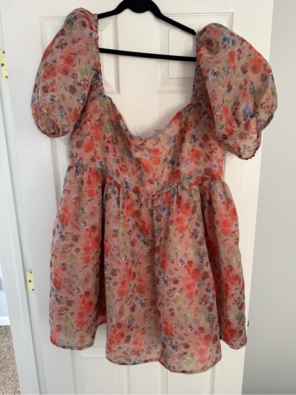 Sugar Thrillz Floral Puff-Sleeve Dress in Coral and Blue